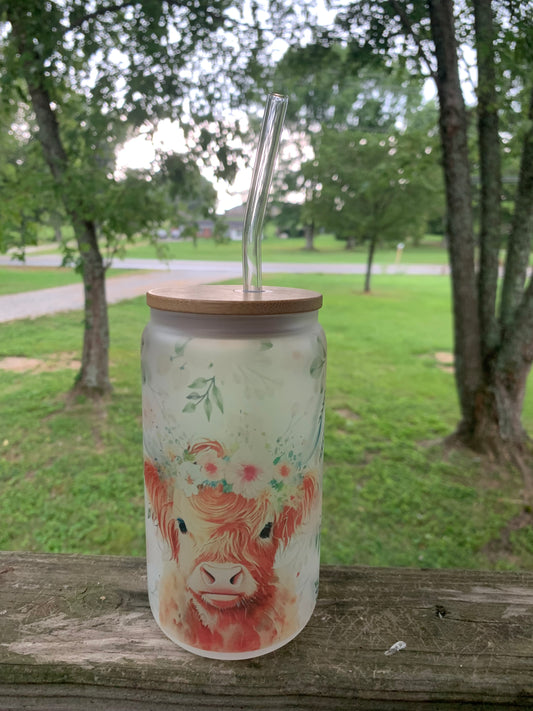 Highland Cow 16oz Glass Can w/ Bamboo Lid & Glass Straw