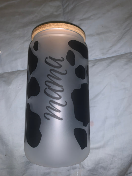 MAMA Cow 16oz Glass Can W/Glass Straw & Bamboo Lid